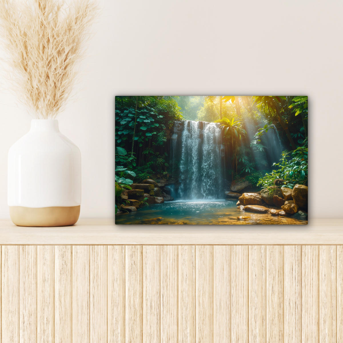 LEINWANDBILD Wasserfall - Dschungel - Sonne - Grün - Natur Deko Schlafzimmer 30x20 cm - Grün, Textil (30/20cm) - MuchoWow