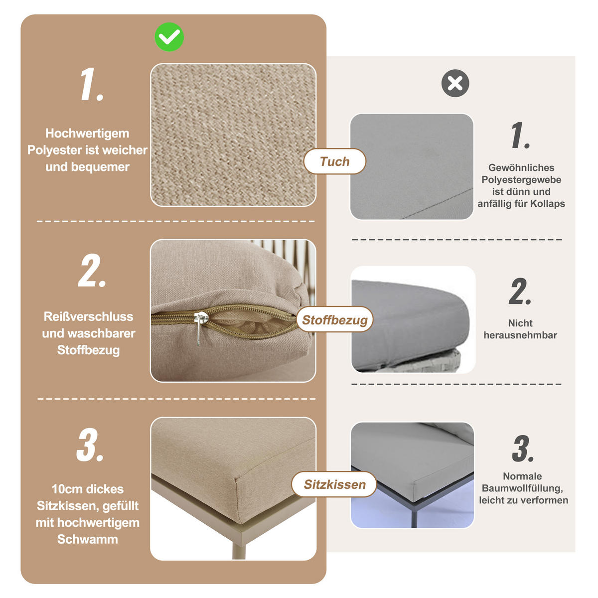 LOUNGESET L-Form Khaki 2 Sofas 1 Tisch Mit Verstellbaren Füßen - Hellbraun, Metall - FLIEKS