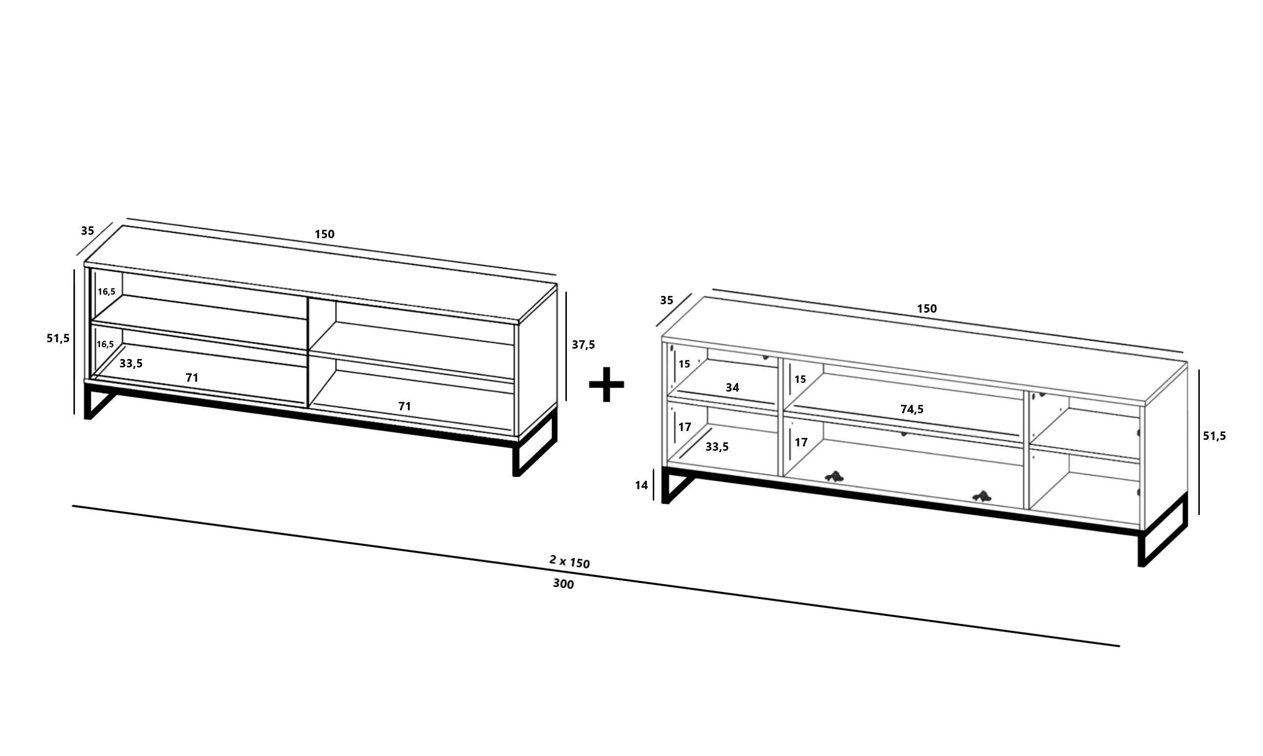 Thumbnail - Meble Lindner Tv-Lowboard, Kaschmir, Holzwerkstoff, 10 Fächer, 300x51.5x36.5 cm, Wohnzimmer, Wohnwände, Lowboards, Lowbo...