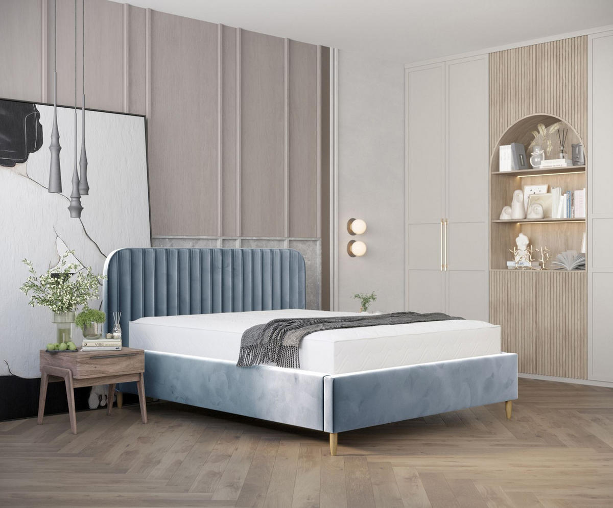 POLSTERBETT Noto Blau Grau 140/200 cm im Samtstoff - Blaugrau/Naturfarben, Holz/Holzwerkstoff (140/200cm) - Maison de Reve