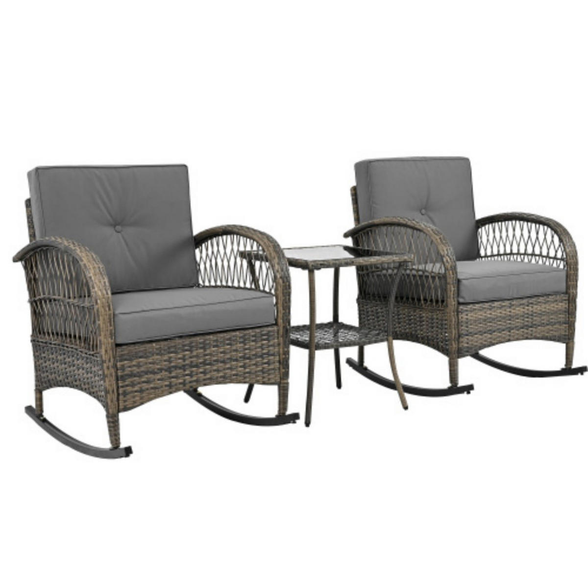 BALKONSET 3-tlg,BISTRO SET,PE-Rattan Schaukelstuhl,für 2 Personen,Grau - Grau, Metall - LVHOM