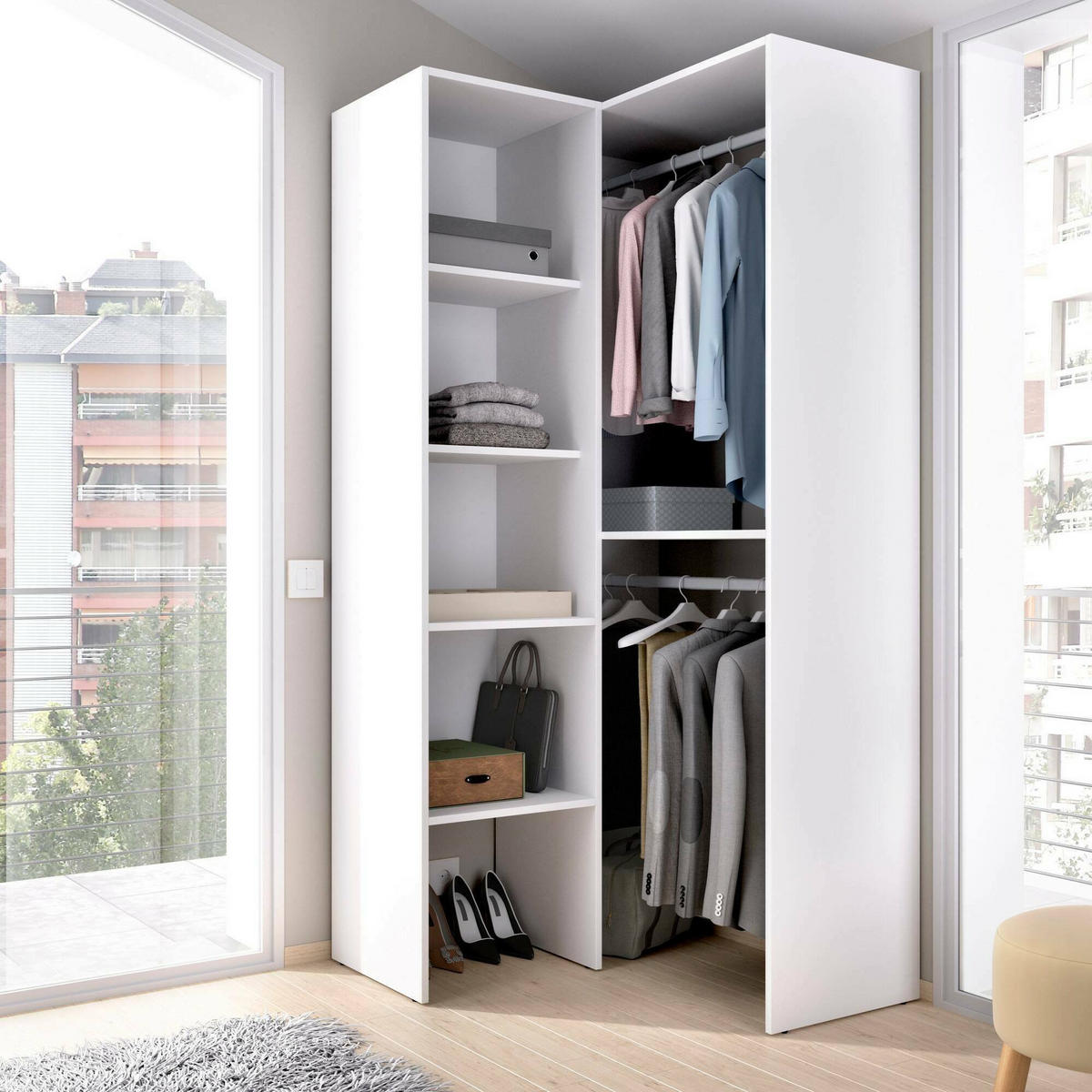 ECKKLEIDERSCHRANK Holz-Effekt Weiß 88.4x79.4h185.5 - Weiß, Holzwerkstoff (79.4/185.5/88.4cm) - DMORA