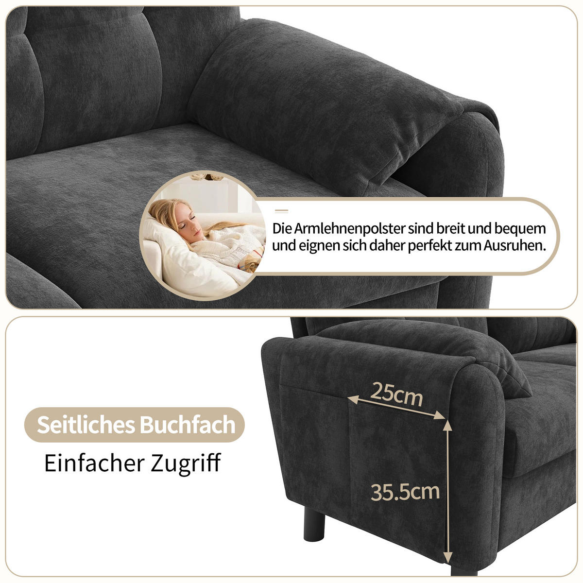 2-SITZER Sofa Chenille mit Seitentaschen und 2 Kissen 158/80/88,5 cm Grau - Grau, Textil (80/88.5/158cm) - Redom