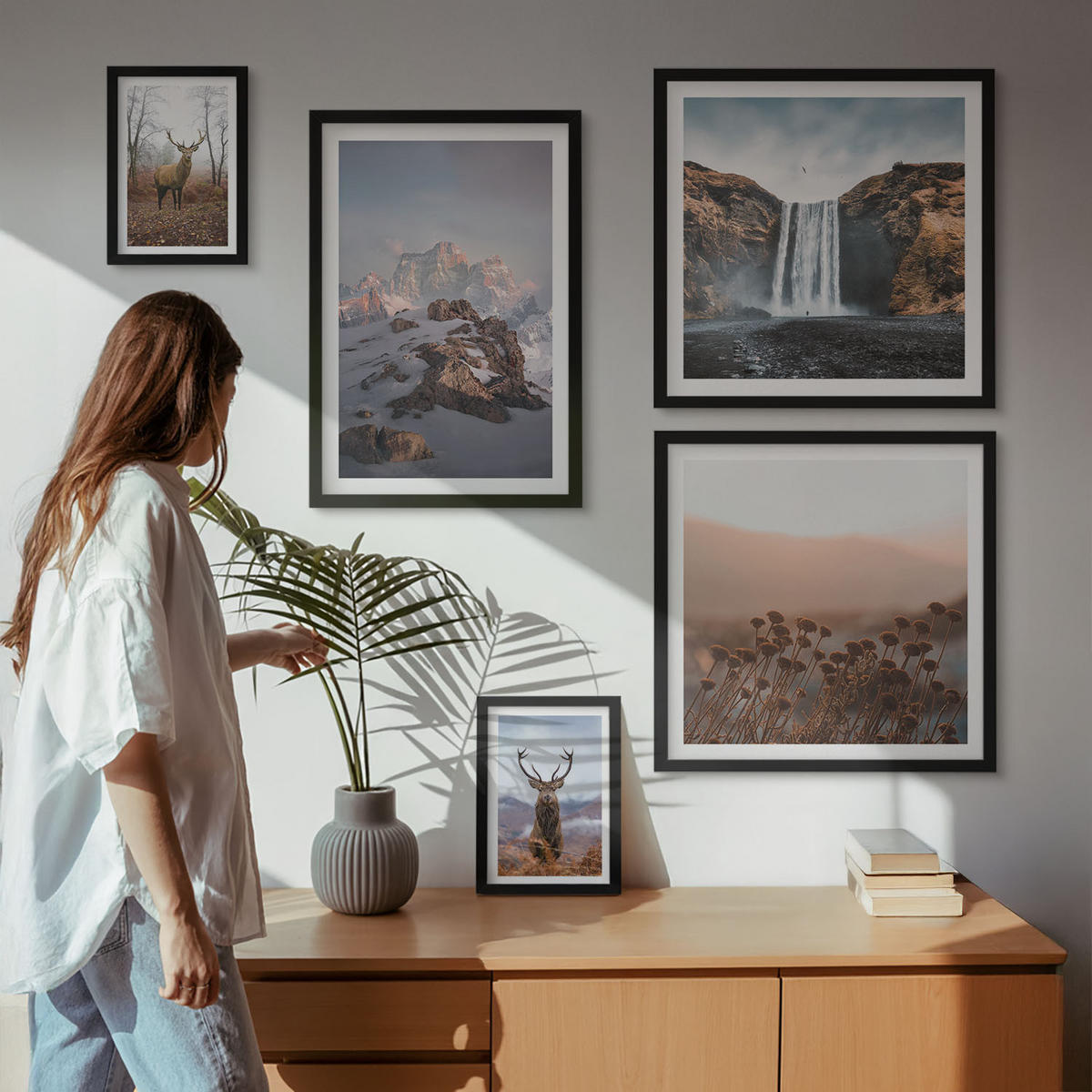 WANDBILDER 5er-Set - 50x50 cm & 20x30 cm & 40x60 cm Schwarzer Rahmen - Urlaub Palmen Wasserfall - Schwarz, Kunststoff (40/60cm) - ArtPrintCave