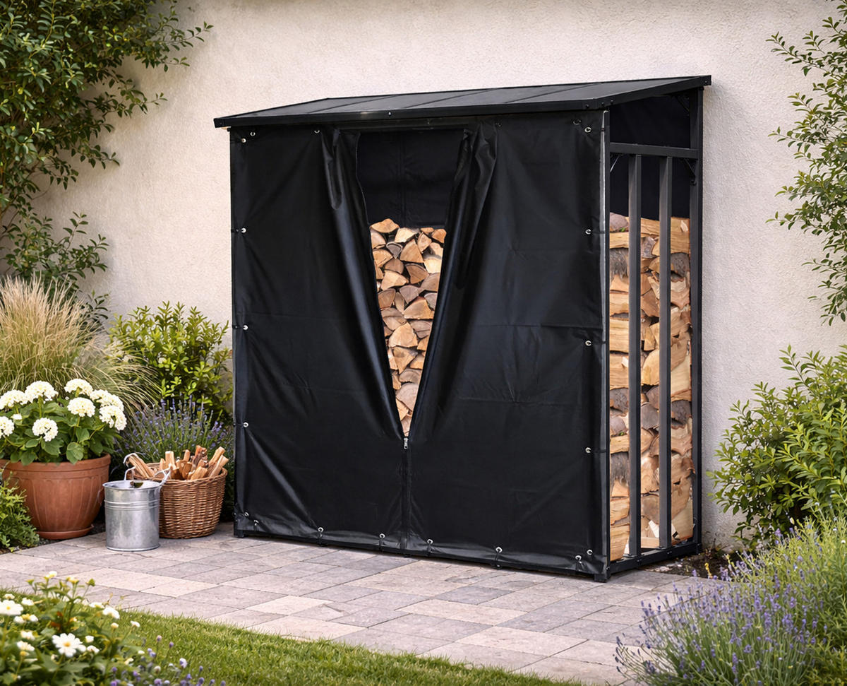 KAMINHOLZREGAL Außen Pro 185/70/185 cm Metall Anthrazit mit Wetterschutz 2,3 m³ / 3,5 SRM - Anthrazit/Schwarz, Metall (185/185/70cm) - QUICK STAR