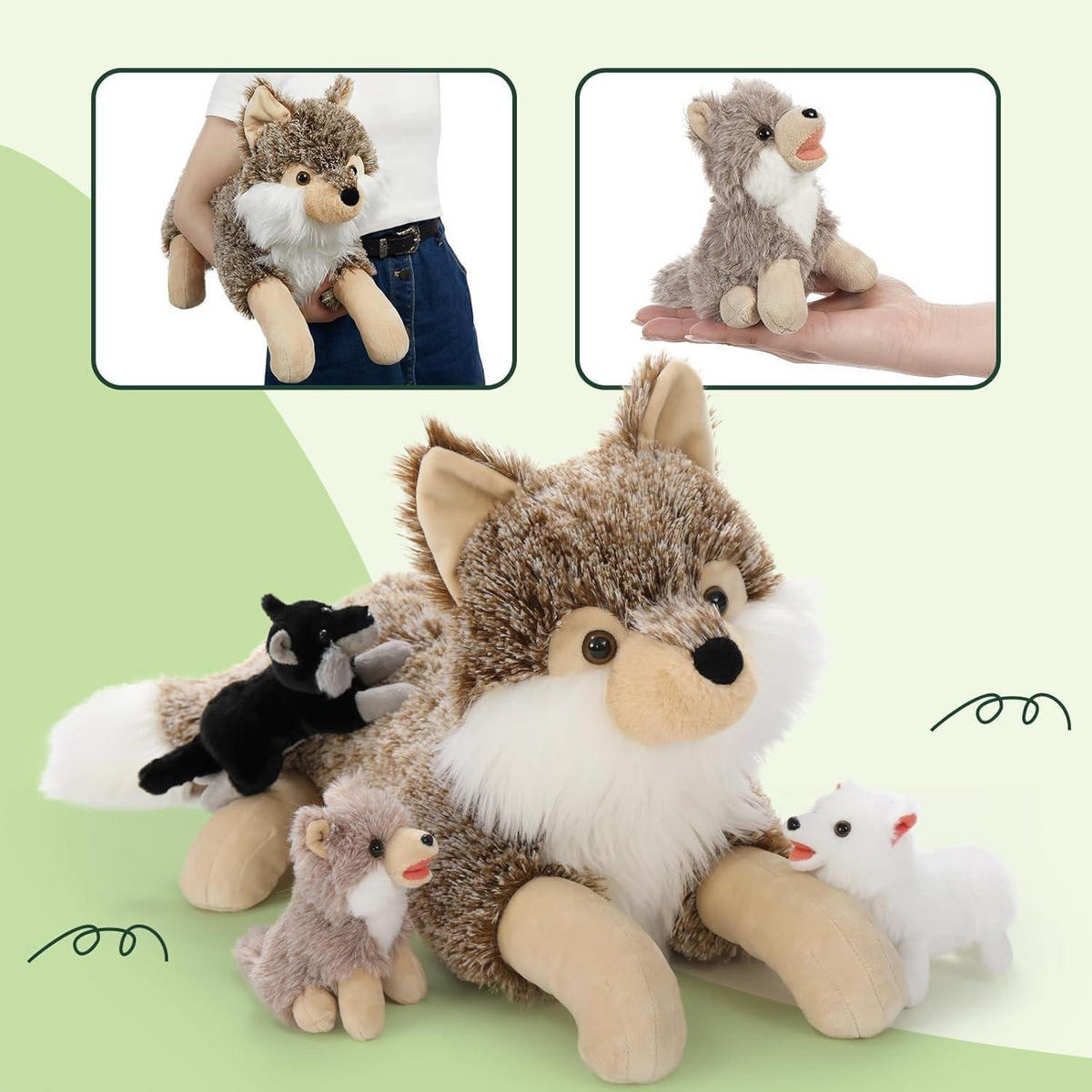 PLÜSCHTIER Wolf mit 3 Babys 50 cm Kaki-weiß - Multicolor, Textil (35/50cm)