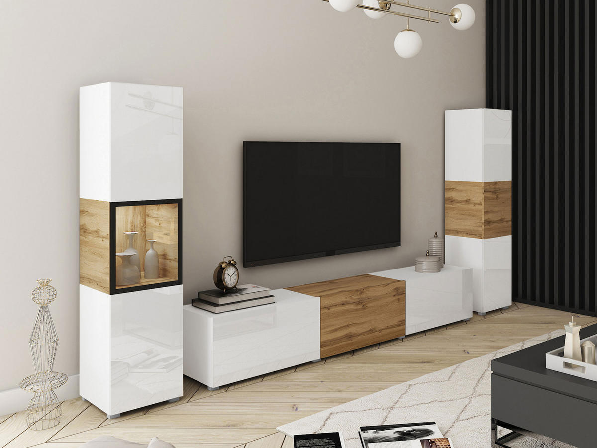 WOHNWAND Berlin III mit weißer LED Beleuchtung - Weiß Hochglanz/Eiche Wotan, Holzwerkstoff/Kunststoff (180/30/33cm) - MIRJAN24