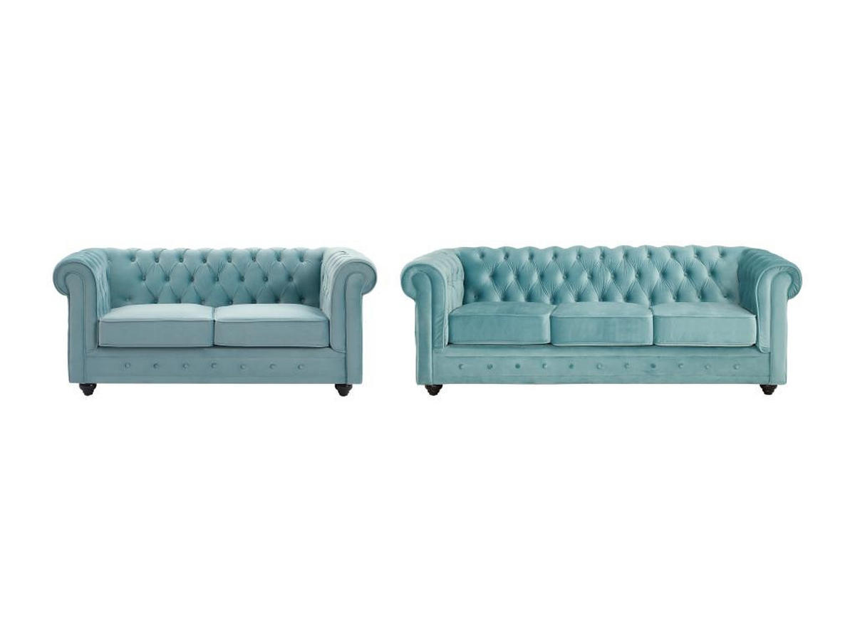 SOFA 3-Sitzer & 2-Sitzer - Samt - Pastellblau - CHESTERFIELD - Hellblau, Textil (88/72/205cm) - Vente-Unique