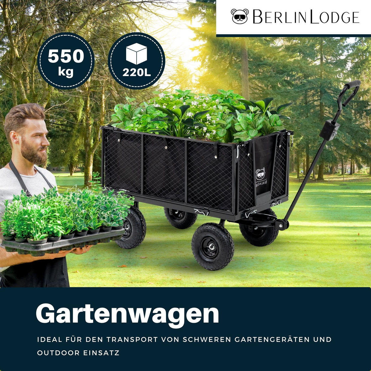 BOLLERWAGEN All Black 205L 96x53x105cm Traglast 550kg Schwarz - Schwarz, Metall (53/96/105cm) - BERLINLODGE