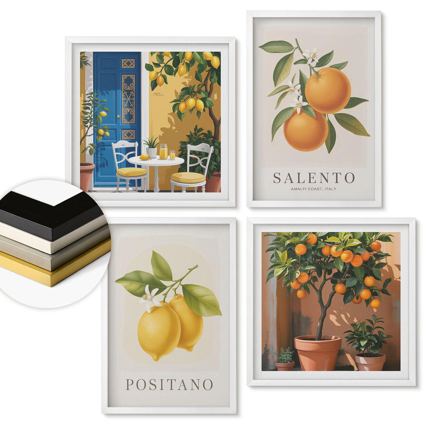 WANDBILDER 4er-Set - 50x50 cm & 40x60 cm Weißer Rahmen - Amalfi-Zitronen und -Orangen - Weiß, Kunststoff (50/50cm) - ArtPrintCave