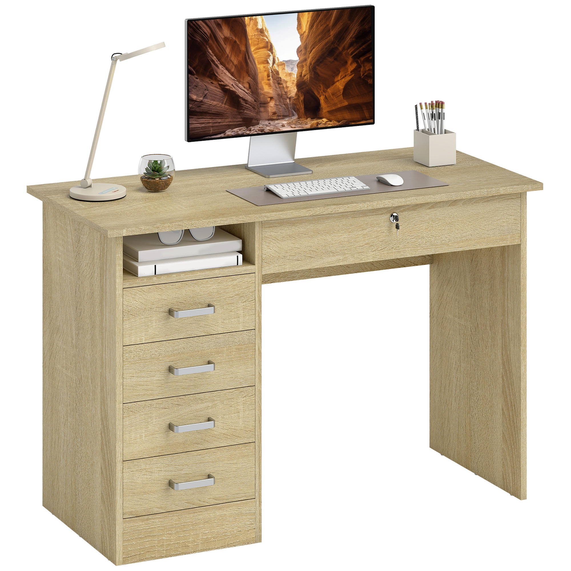 SCHREIBTISCH Eiche mit 5 Schubladen und offenem Fach 110/50/76 cm - Eichefarben, Holzwerkstoff (50/110/76cm) - PANGIVO