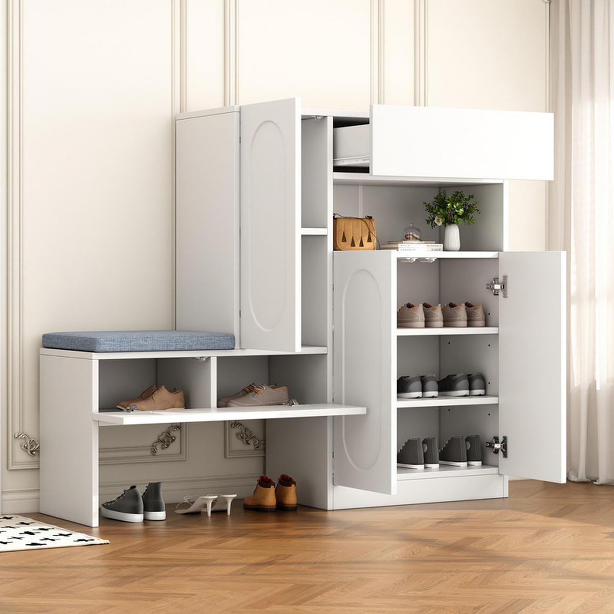 SCHUHSCHRANK 2-IN-1 WEISS mit gewölbten Türen Soft-Close und Sitzbank 130x35x110 cm - Weiß, Holzwerkstoff (35/110/130cm) - Fuleadture