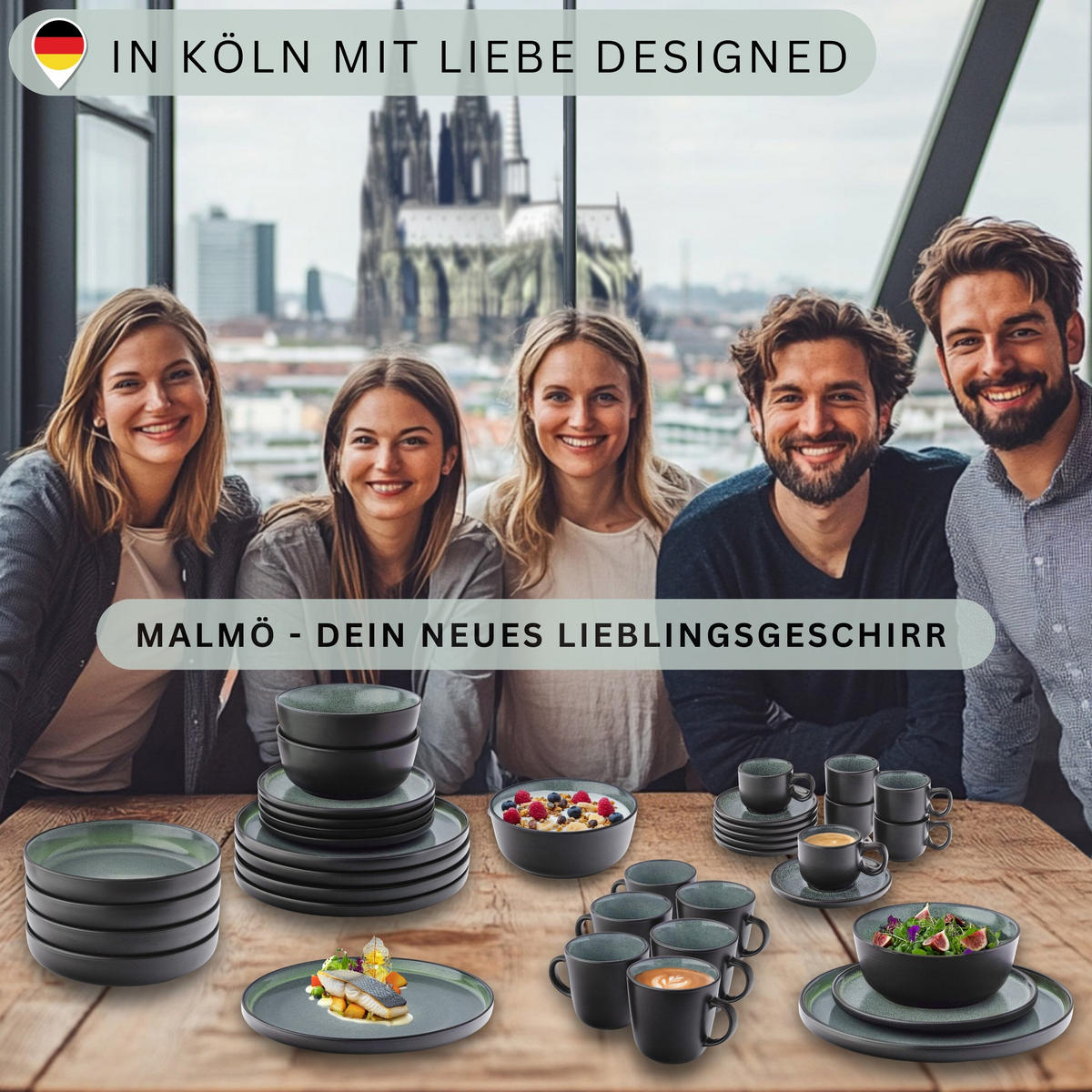 KOMBISERVICE MALMÖ - 30 teilig aus Steingut - Grün, Stein (26.5/10/26.5cm) - Sänger