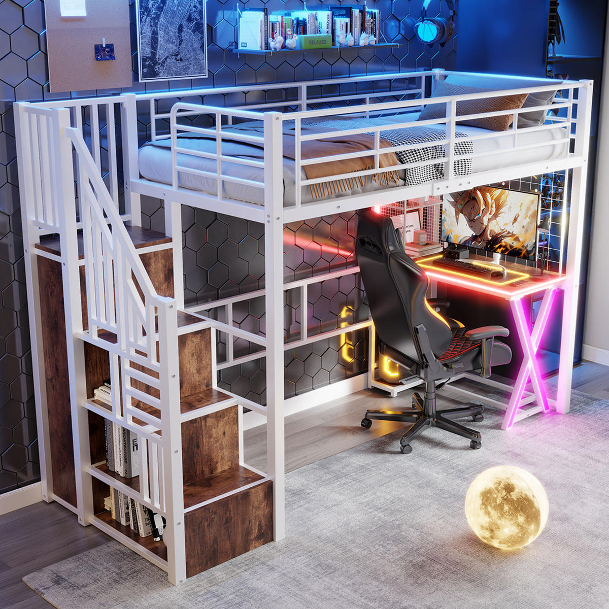 HOCHBETT 90/200 cm mit LED-Leuchten und Schreibtisch in Weiß - Weiß, Metall (90/200cm) - OKWISH