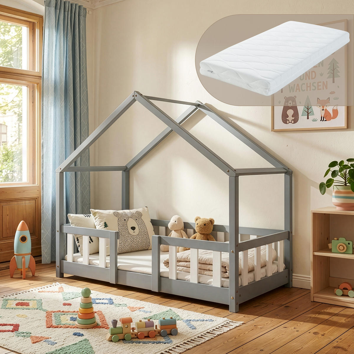 HAUSBETT Treviolo mit Matratze - Hellgrau/Weiß, Holz/Textil - [en.casa]