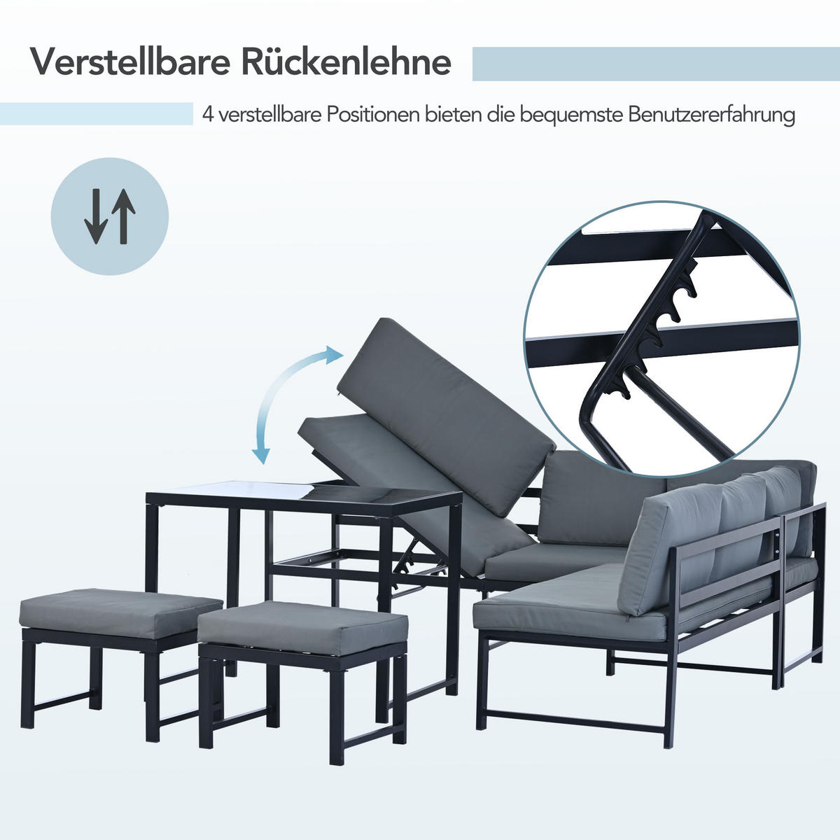 GARTENLOUNGE-SET mit Liegefunktion,Gartenmöbel-Set mit verstellbarer Rückenlehne,grau - Dunkelgrau/Schwarz, Textil/Metall - STILVORA