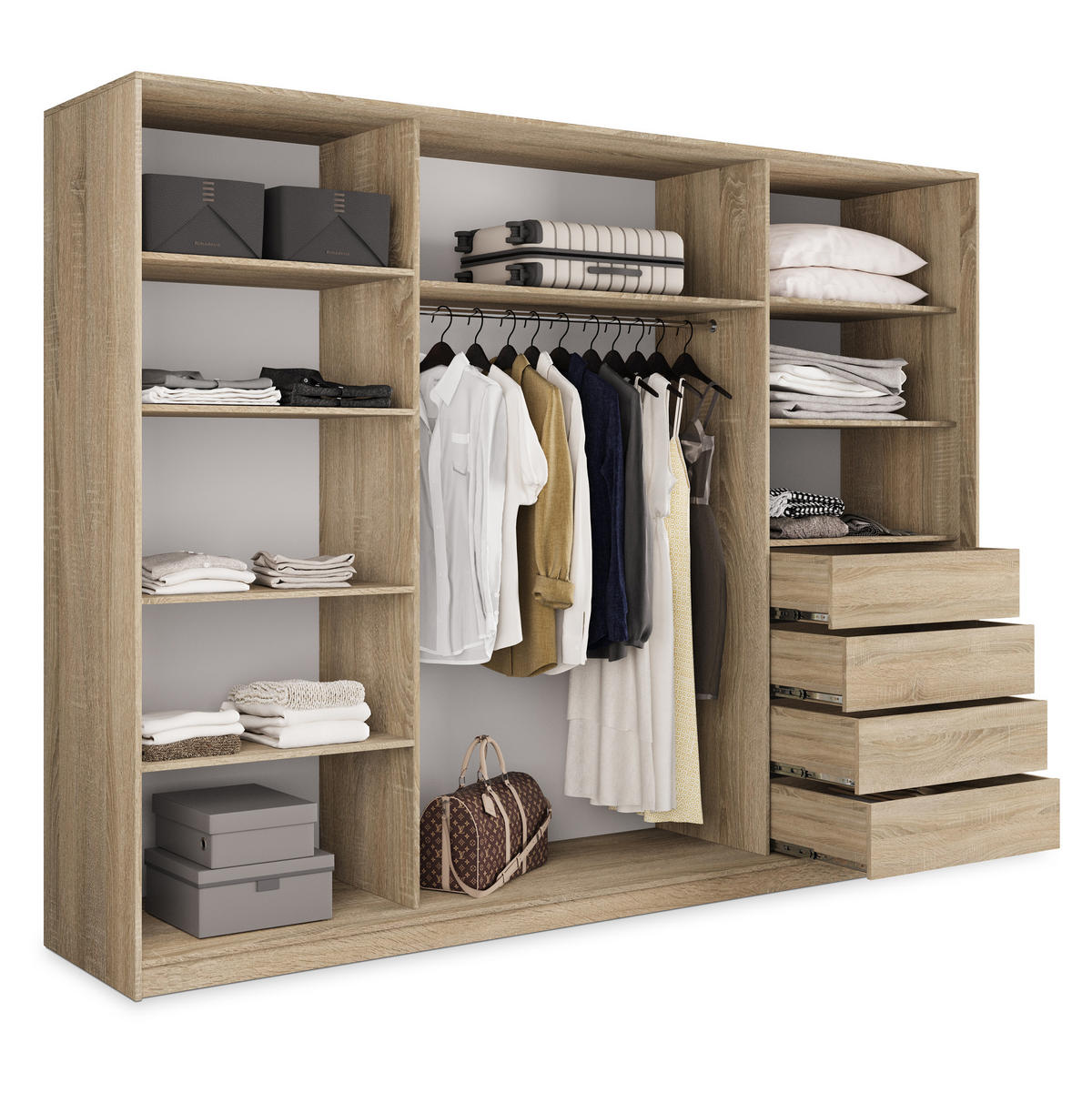 SCHWEBETÜRENSCHRANK TARI 250/205/58 cm 3-türig mit Spiegel und Schubladen Sonoma Eiche - Schwarz/Sonoma Eiche, Holzwerkstoff (250/205/58cm) - MASSENO