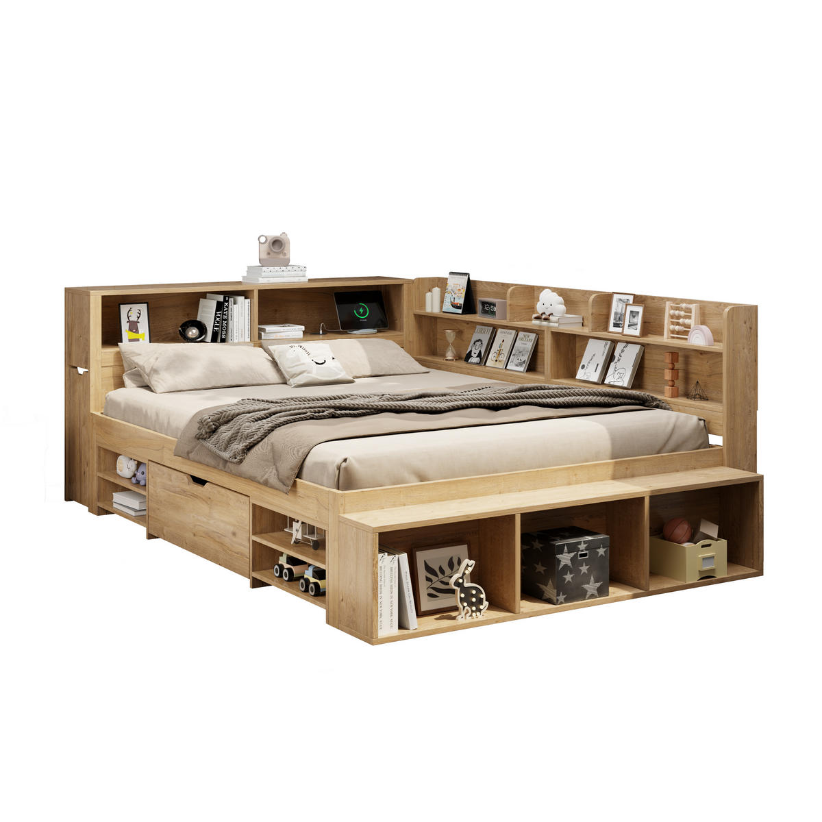 KINDERBETT 140/200 cm natur aus Sperrholz mit Stauraum und Regalen - Naturfarben, Holzwerkstoff (140/200cm) - OKWISH