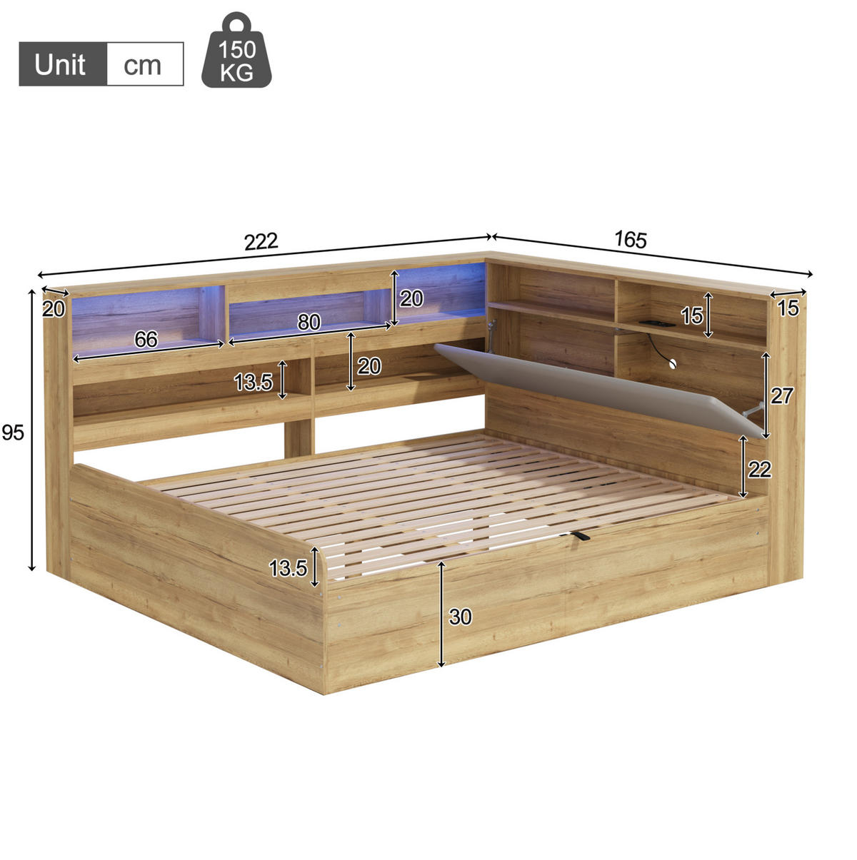 JUGENDBETT 140/200 cm natur aus MDF mit Stauraum und LED - Naturfarben, Holzwerkstoff (140/200cm) - OKWISH