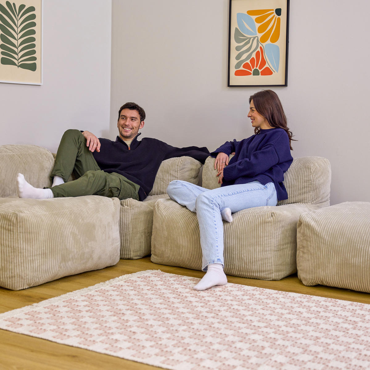 SITZSACK-SOFA 4-tlg. ZEN: Ecksessel, 2 Sessel, Fußstütze - Beige, Textil (500/68/100cm) - icon