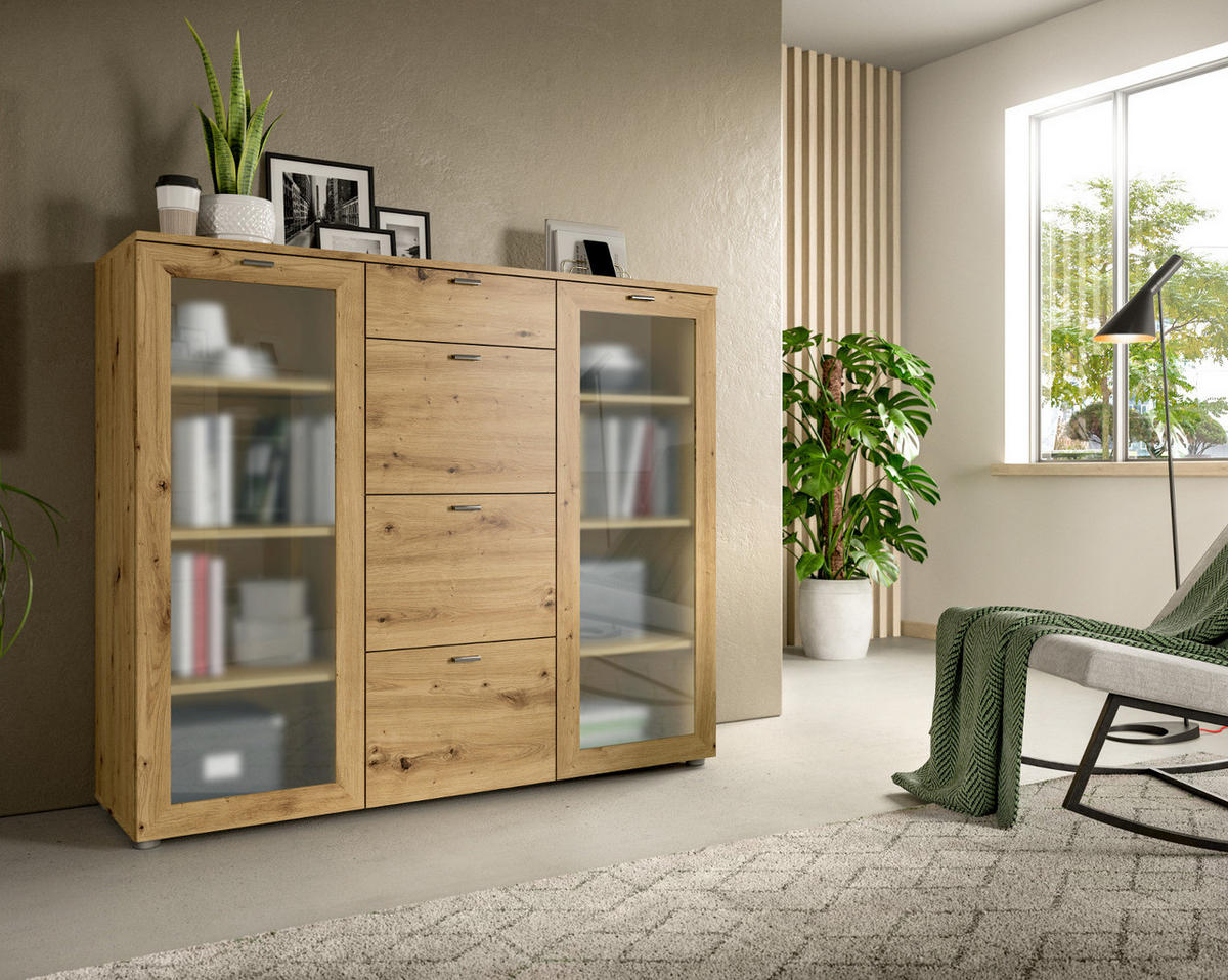HIGHBOARD Eiche Artisan 135 cm, 2 Türen mit Glaselement - Silberfarben/Eiche Artisan, Glas/Holzwerkstoff (135/115/37cm) - Inn.Furn