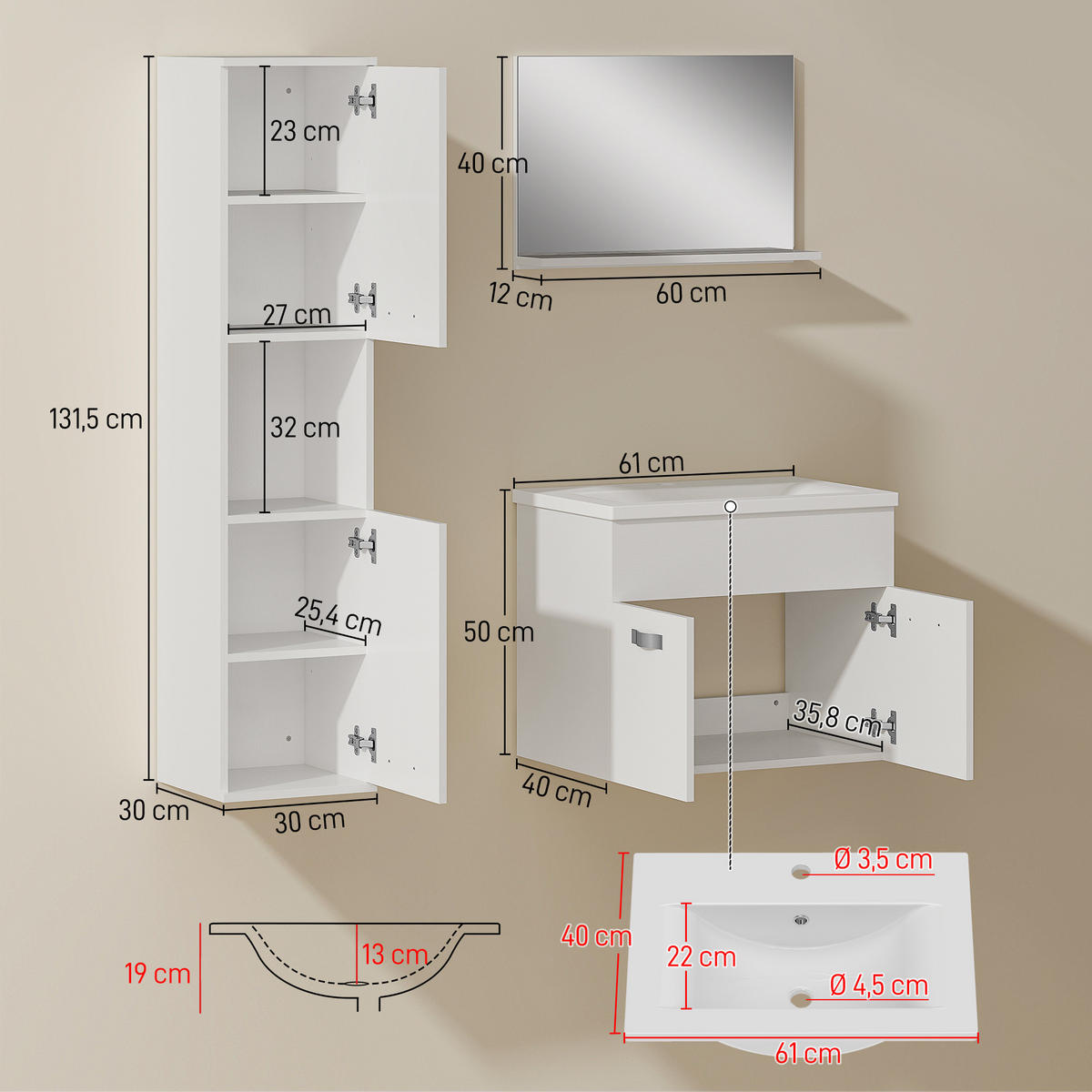 BADEZIMMER 4-teilig DE-17357 Weiß - Weiß, Holzwerkstoff (30/131.5/30cm) - ComfortXL