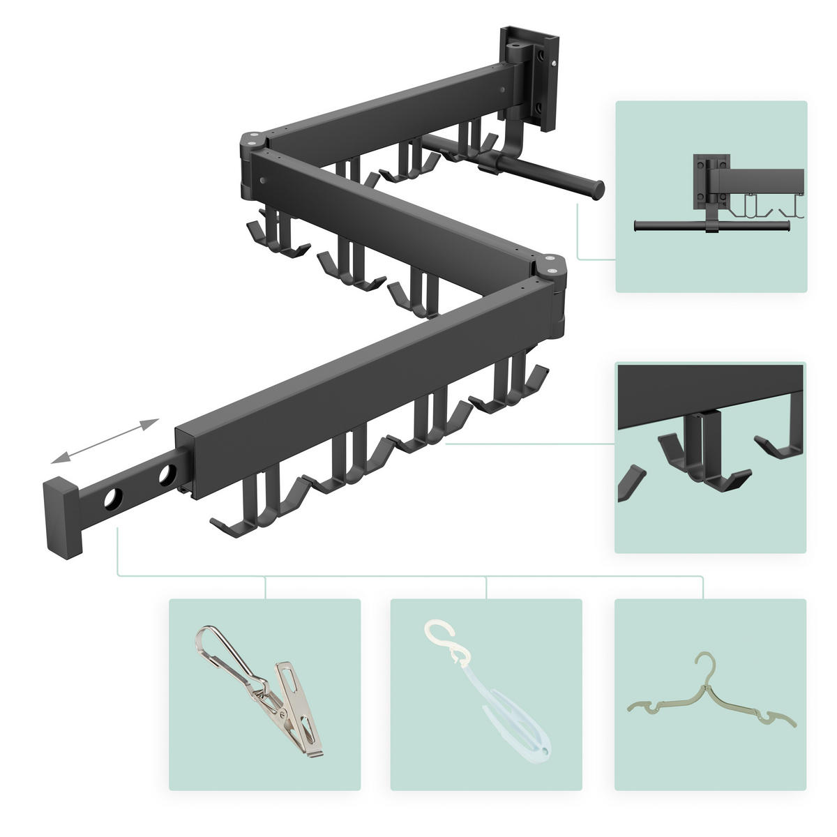 STOJAN na bielizeň na stene - čierna, kov/plast (127/12/26cm) - Relaxdays