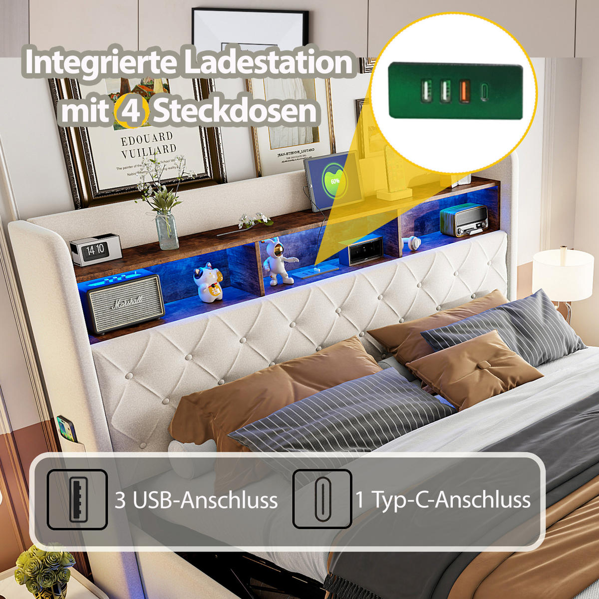 POLSTERBETT 180/200 cm Beige aus Stoff mit LED und USB - Beige, Textil (180/200cm) - OKMYHOME
