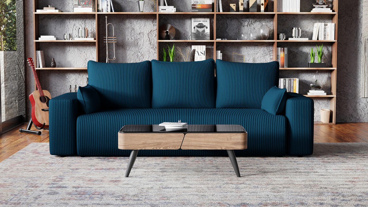 SOFA Bubi mit Bettkasten und Schlaffunktion, Cordstoff - Blau, Holzwerkstoff (242/85/95cm)