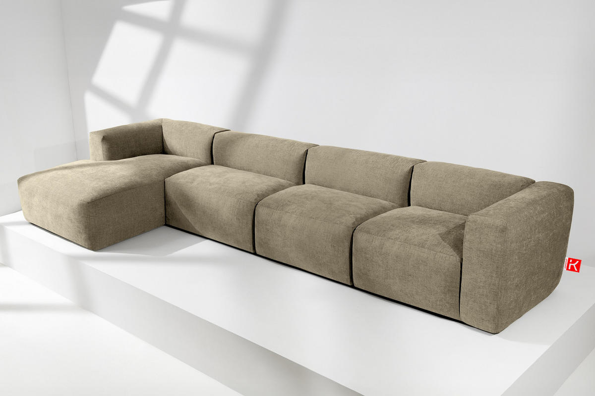 ECKMODULSOFA-LINKS BUFFO 6-Sitzer mit extrem weicher Sitzfläche, Gewebestoff, sandfarben - Sandfarben, Textil (377/180cm) - KONSIMO®