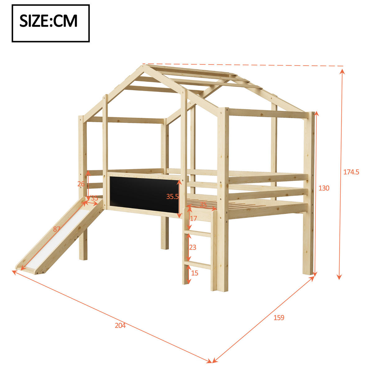 VYSOKÁ posteľ 90/200 cm prírodná z masívneho dreva so šmykľavkou rebríkom a tabuľou - prírodná farba, drevo (90/200cm) - OKWISH