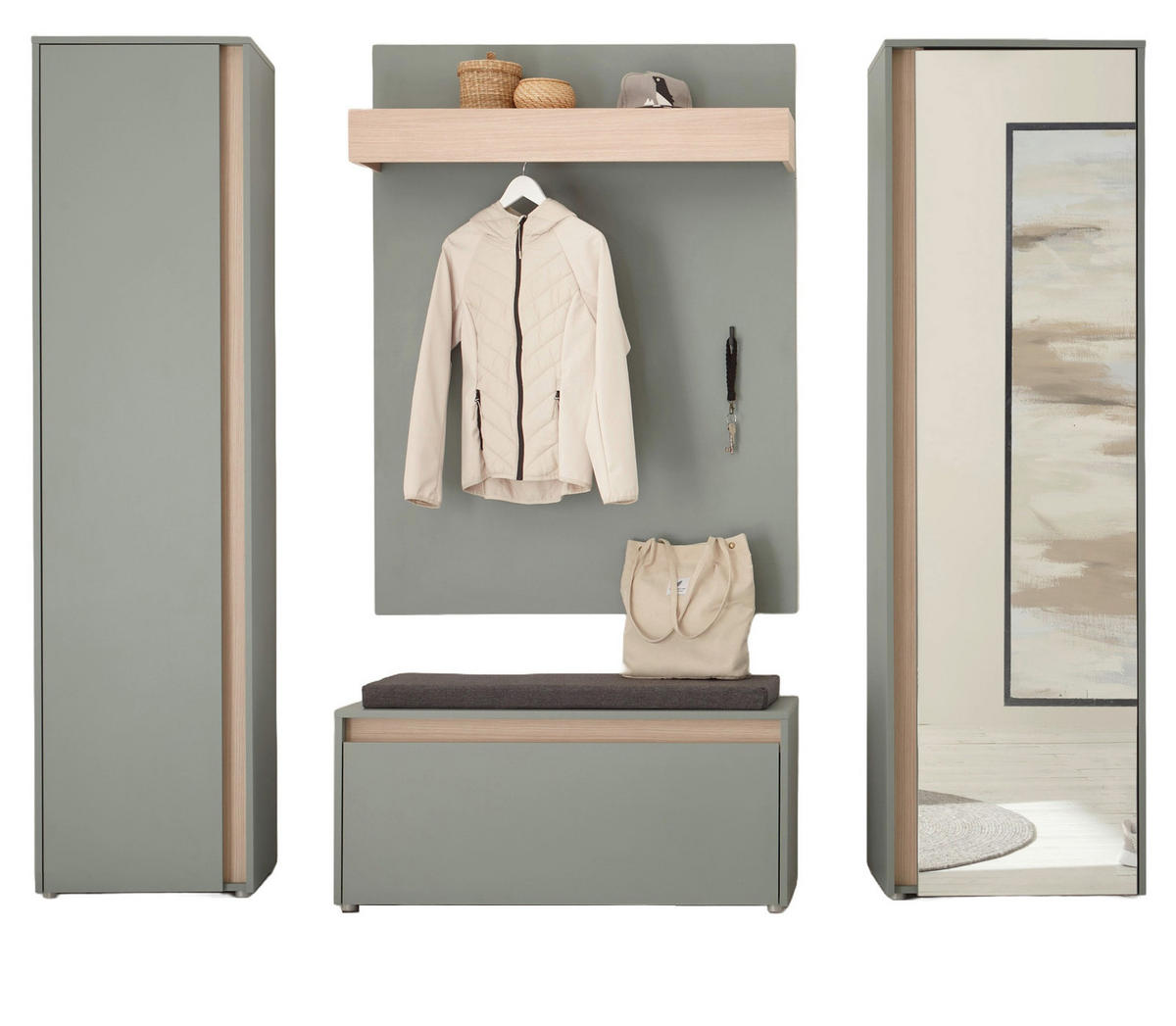 GARDEROBE Komplett-Set 5-teilig in Salbei Grün mit Eiche, Flurgarderobe 230 x 200 cm, inkl. Sitzkissen - Salbeigrün/Eichefarben, Glas/Holz (230/200/40cm) - Furn.Design