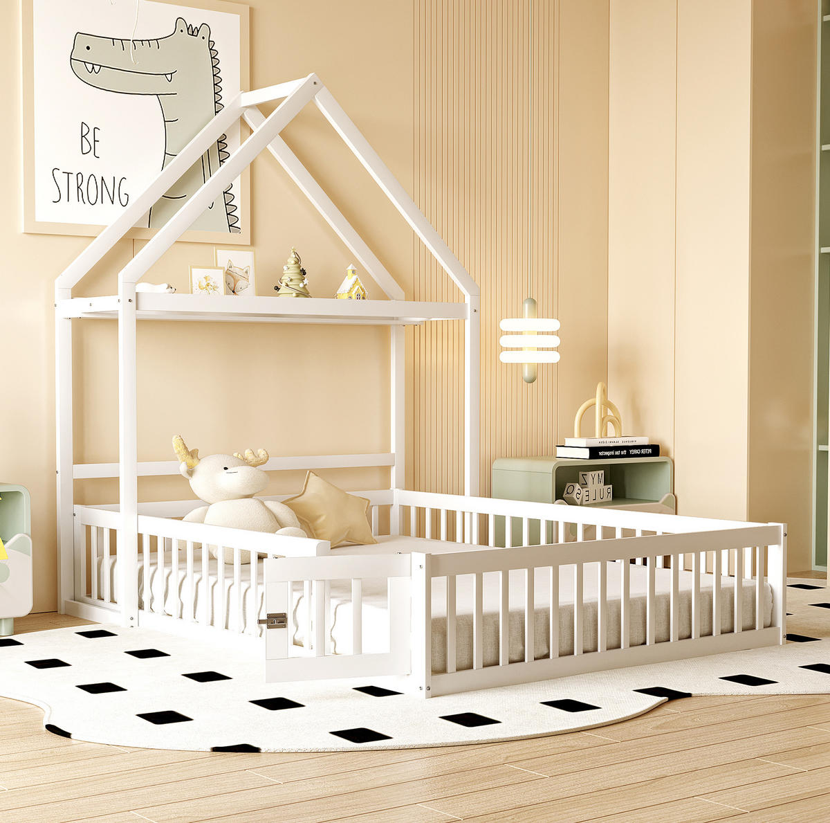 HAUSBETT 140/200 cm Weiß aus Massivholz mit Stauraum und Lattenrost - Weiß, Holz (140/200cm) - OKWISH