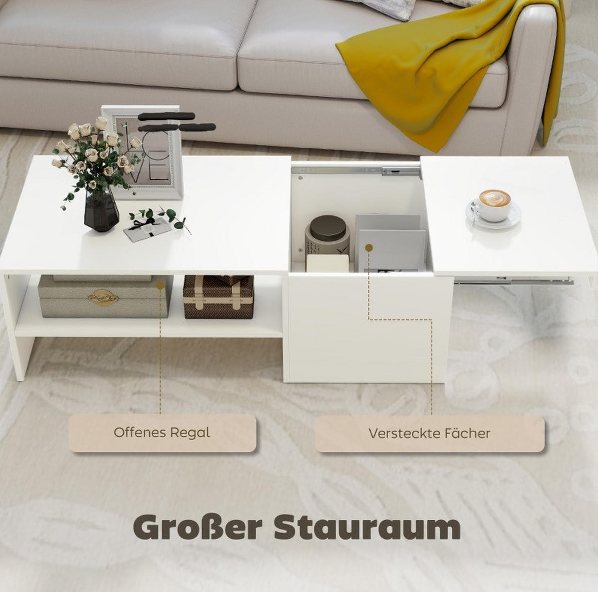 KONFERENČNÍ stolek 110/52/36 cm bílý ze dřeva s posuvnou deskou a úložným prostorem - bílá, dřevo (110/52/36cm) - OKWISH