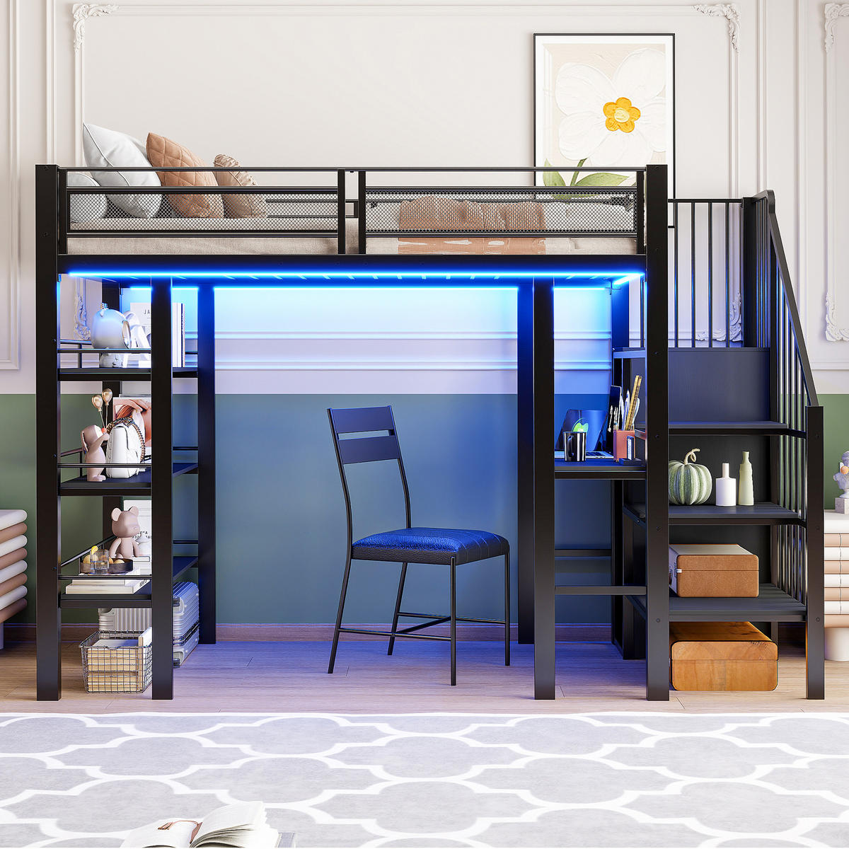 HOCHBETT 90/200 cm DE-01186, in Schwarz, mit LED, Regal und Schreibtisch - Schwarz, Metall (90/200cm) - ComfortXL