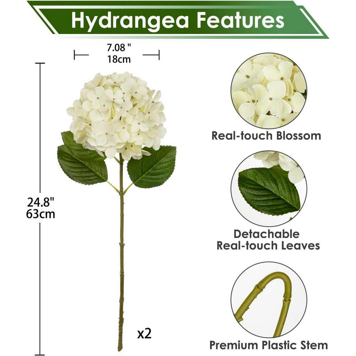 HORTENSIE Kunstblume 63 cm Cream 2-teiliges Set - Creme, Kunststoff (63cm)