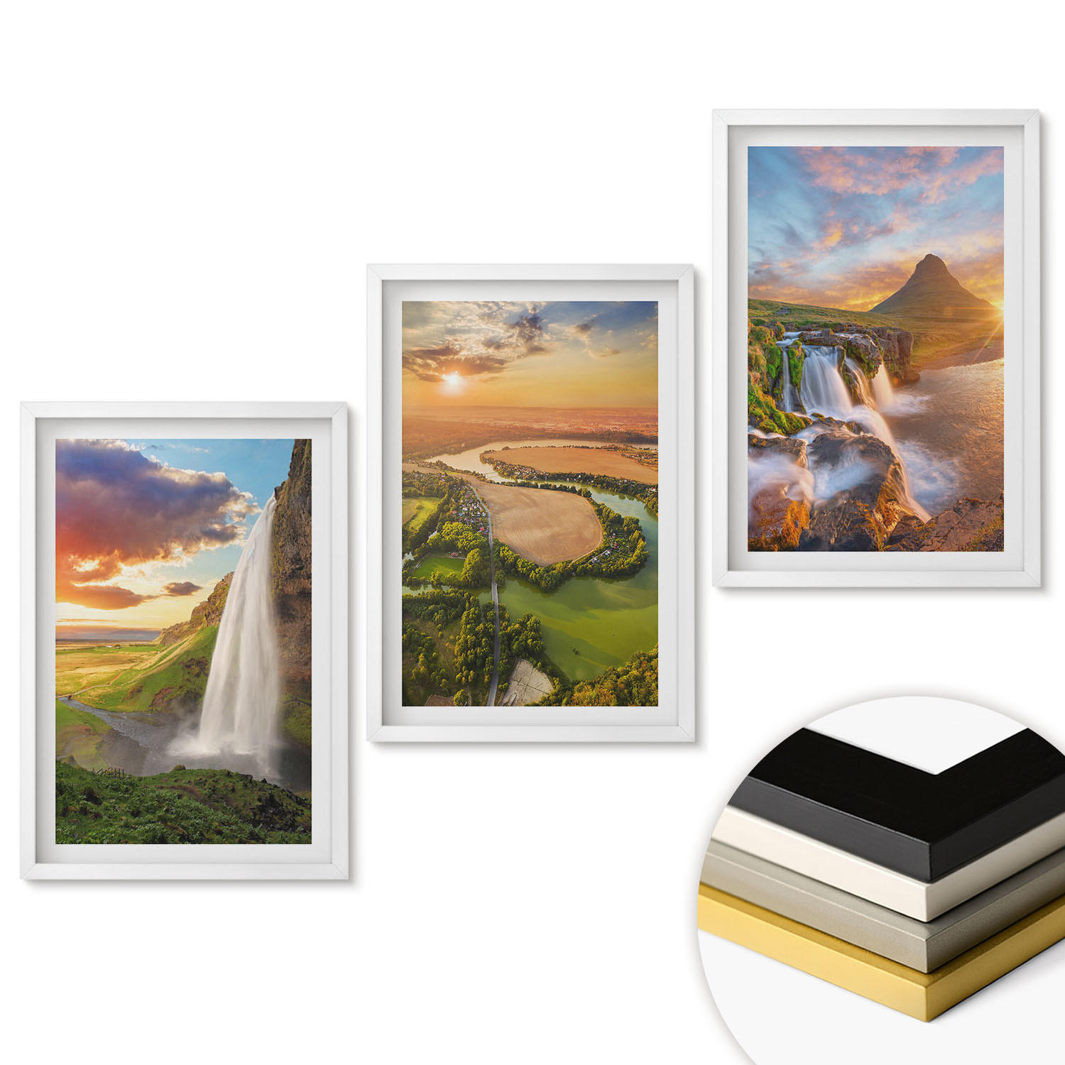 WANDBILDER 3er-Set - 40x60 cm Weißer Rahmen - Wasserfälle Landschaften im Westen - Weiß, Kunststoff (40/60cm) - ArtPrintCave