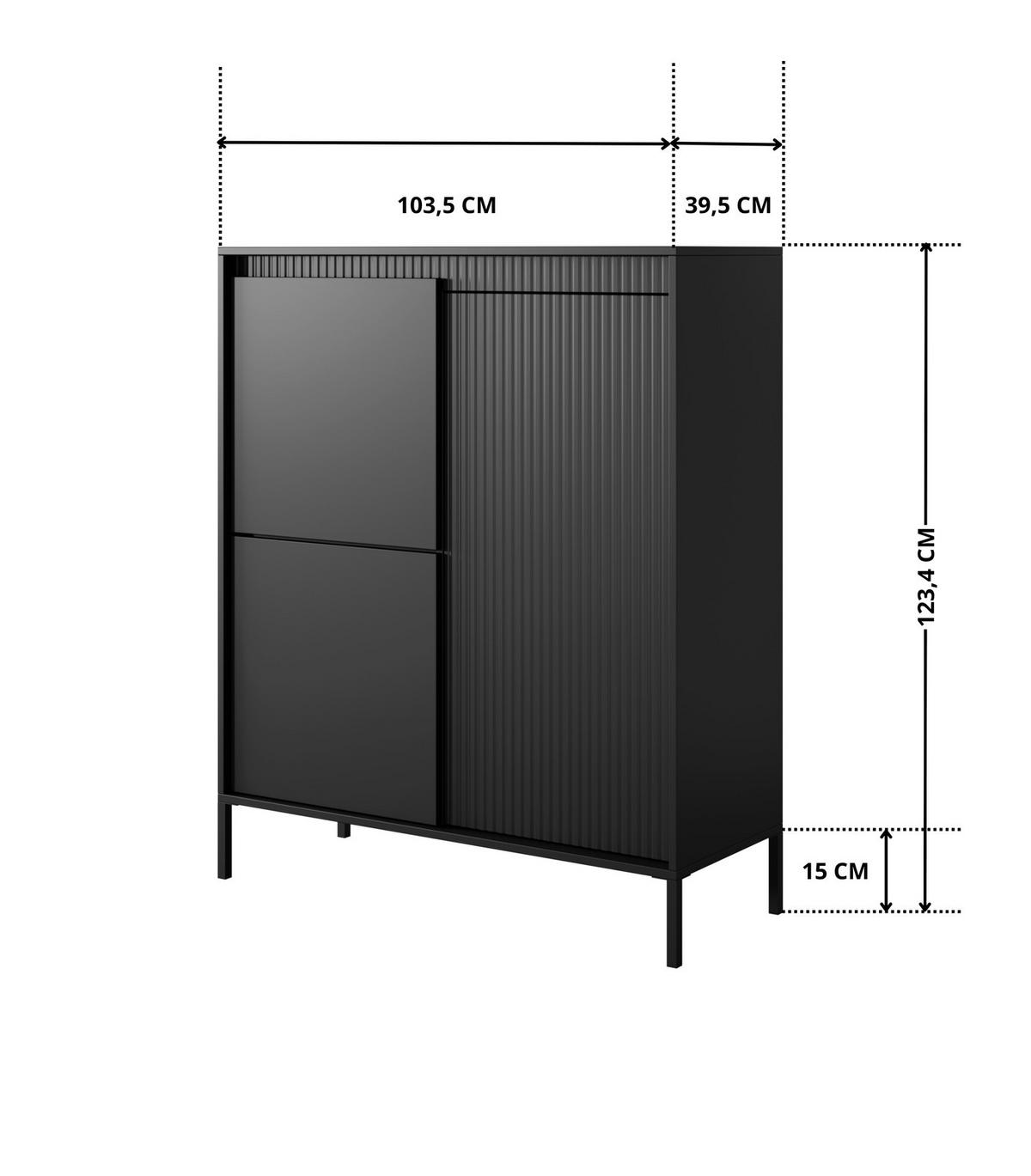 HIGHBOARD Ferrato A 104 cm Schwarz - mit 3 Türen und Riffel-Optik - Schwarz, Holz/Holzwerkstoff (103/123/39cm) - Ravio