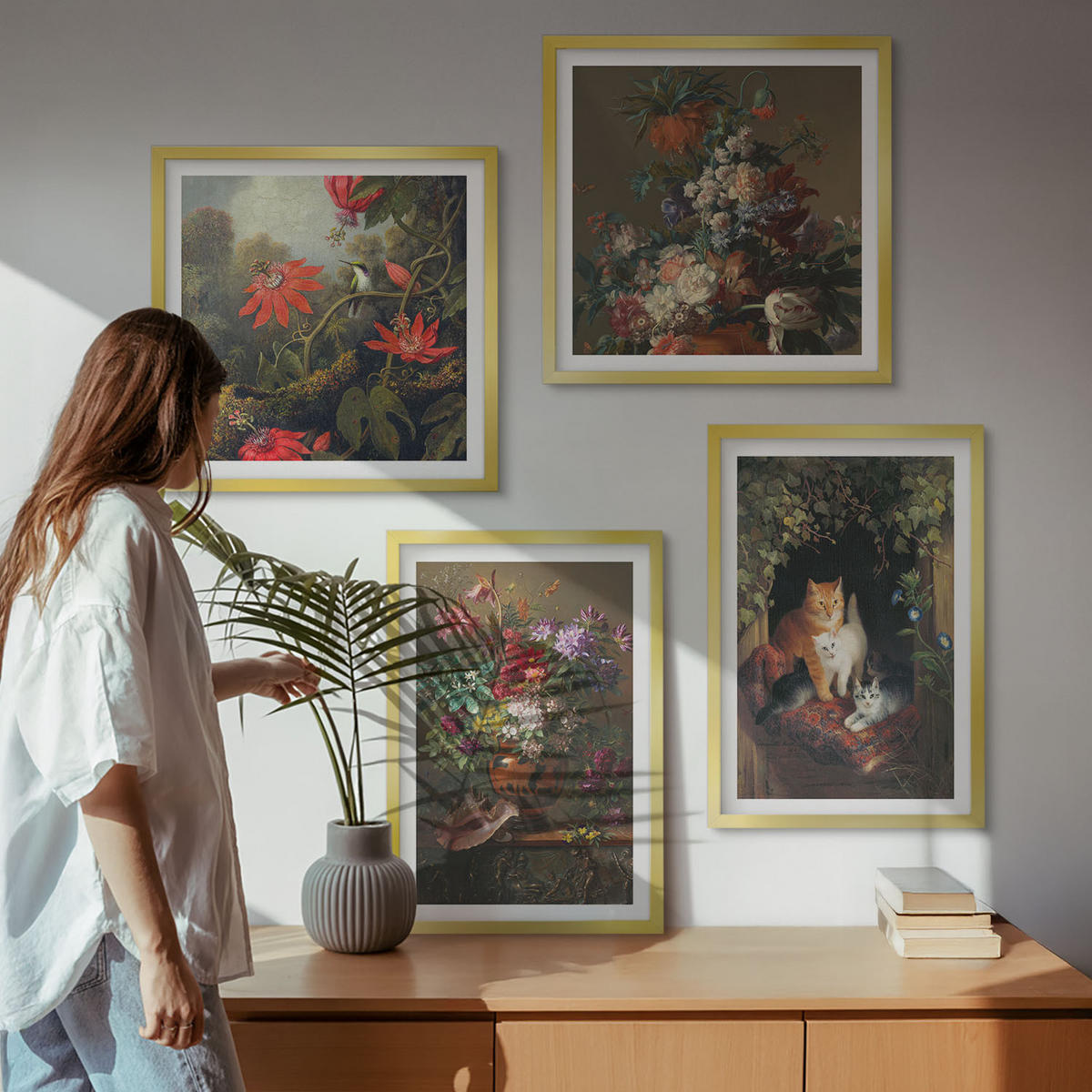 BILDER SET 4er Set - 50x50 cm & 40x60 cm Goldrahmen - Vintage-Blumen, Katzen, Pflanzen - Goldfarben, Kunststoff (50/50cm) - TULUP