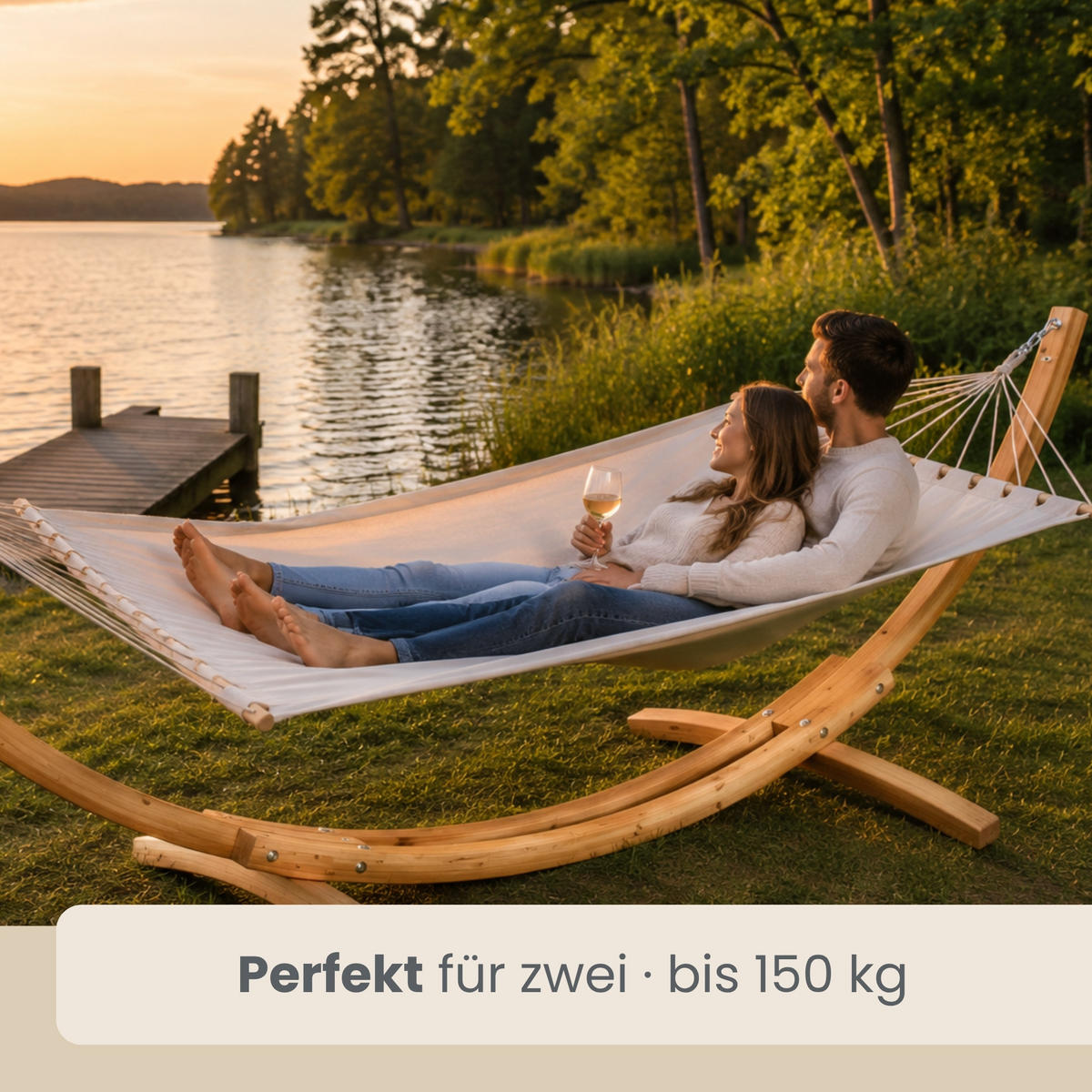 XXL-HÄNGEMATTE mit Holzgestell bis 150kg, 325/120cm, Beige - Beige, Holz (120/118/325cm) - Amanka