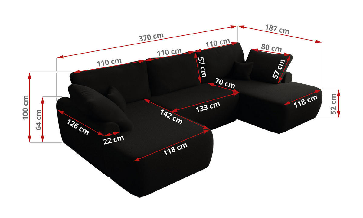 WOHNLANDSCHAFT CUBO U Schwarz Boucle - Schwarz, Kunststoff/Textil (370/100/187cm) - MKS