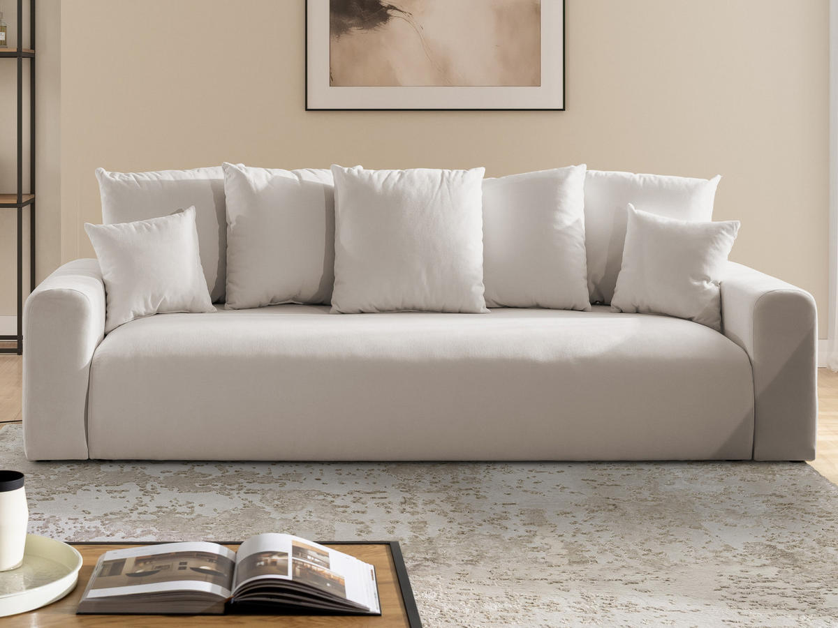 SCHLAFSOFA Calma mit Bettkasten im Bumpy-Design aus weichem Beige Webstoff - Beige/Schwarz, Holz/Kunststoff (239/88/98cm) - S-Style