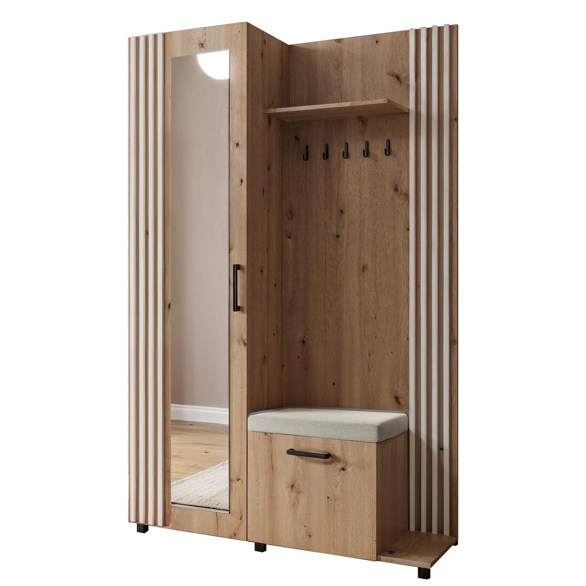 GARDEROBE Neli mit Lamellen und Spiegel, rechts, artisan, weiß - Eiche Artisan/Weiß, Kunststoff (42/207/79cm) - Margaret Hadas24