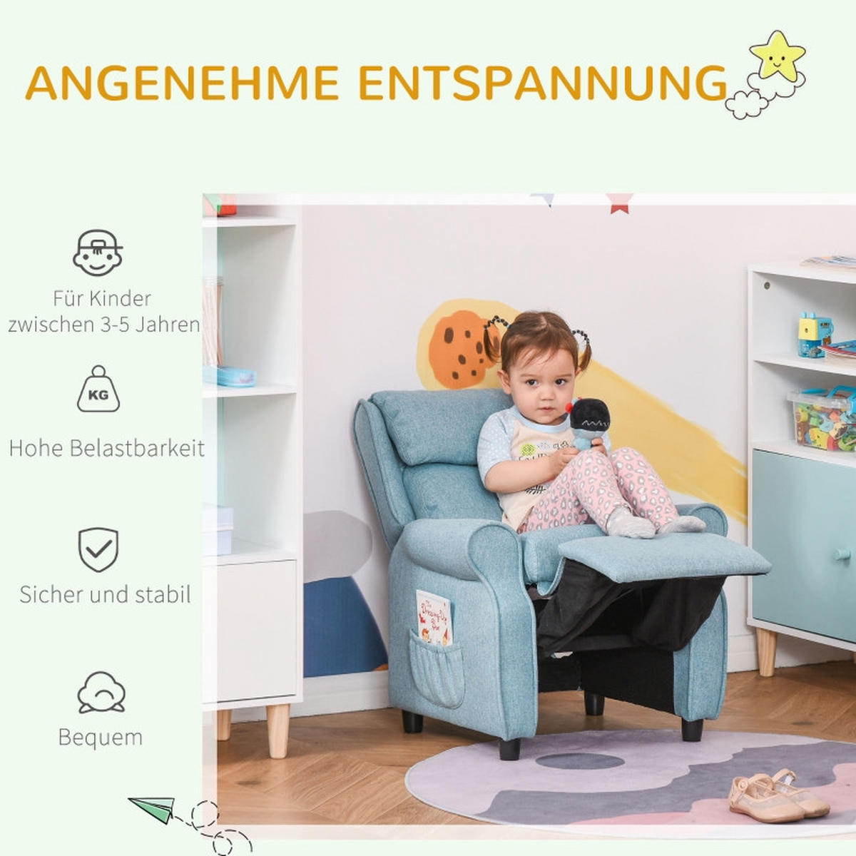 KINDERSOFA mit Fußstütze verstellbare Rückenlehne Blau - Blau, Holz (53/70/58cm) - BursDany