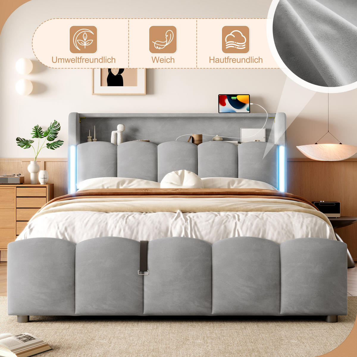 POLSTERBETT 140/200 cm grau aus Samt und MDF mit LED und Stauraum - Grau, Textil (140/200cm) - OKWISH