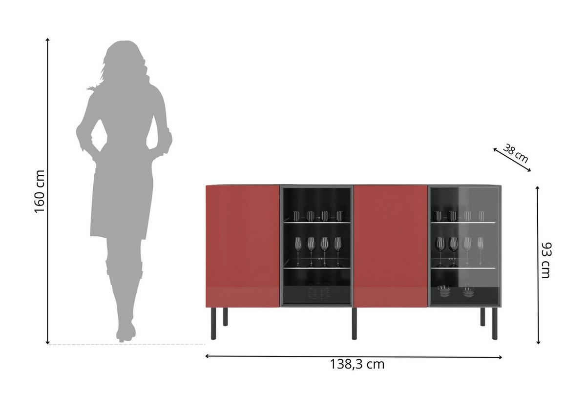 SIDEBOARD Lilka, Glastür, Beleuchtung, Schwarz-Rot, 138 cm - Schwarz, Holzwerkstoff/Metall (138.3/93/38cm) - Skandica