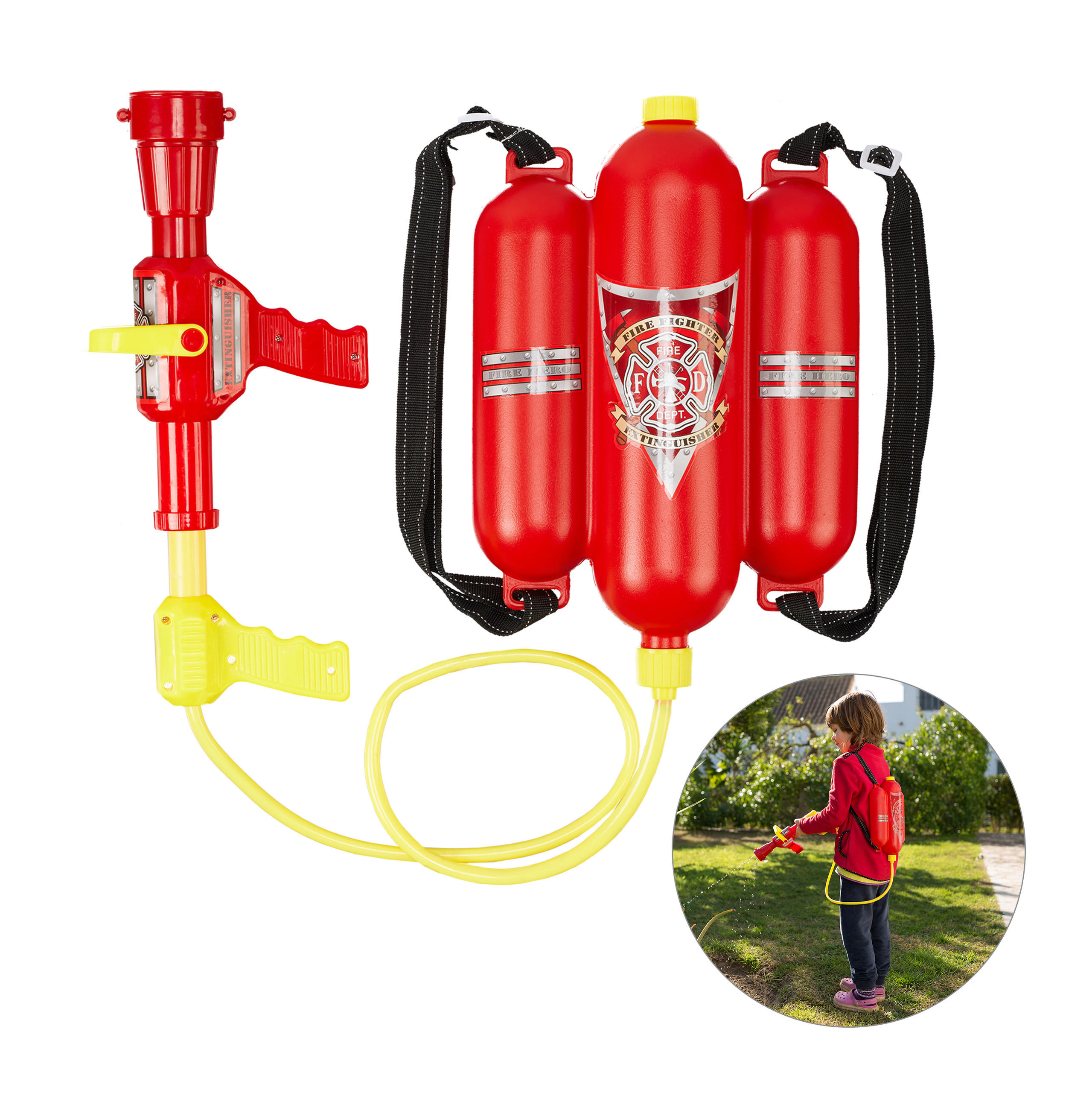 Relaxdays PISTOLE Červenožlutá vodní hasičská s batohem 2,5 l