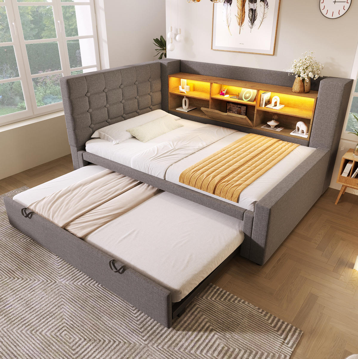 BETT mit Ausziehbett und LED 90x200 cm Leinen Grau - Grau, Metall (90/200cm) - Meubliv
