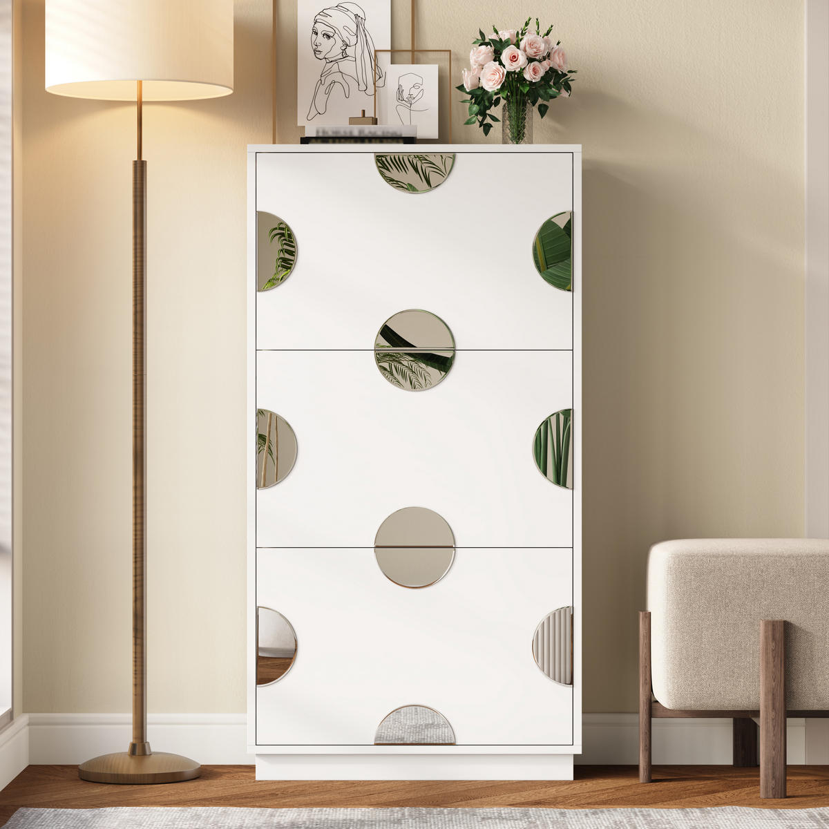 SCHUHSCHRANK aus MDF 63x24x120cm in Weiß mit rundem Spiegel - Weiß, Holzwerkstoff (63/120/24cm) - Modfu