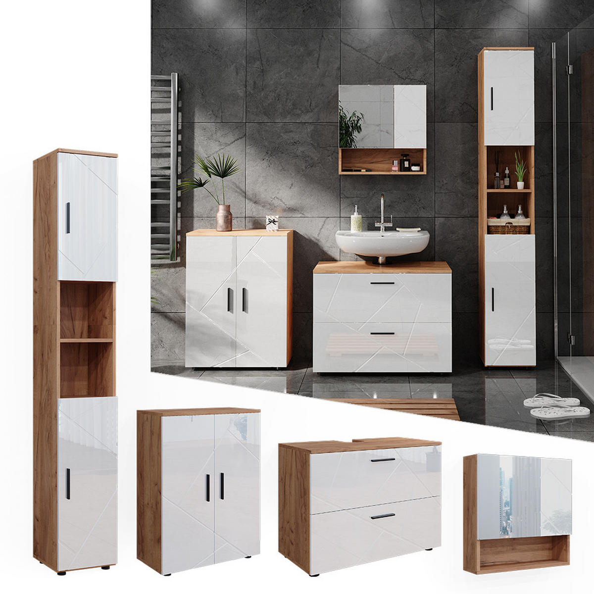 BADMÖBEL-SET Irma Weiß Hochglanz/Goldkraft Eiche 4 Teile - Honigeiche/Weiß Hochglanz, Holzwerkstoff (80/58/41cm) - Vicco